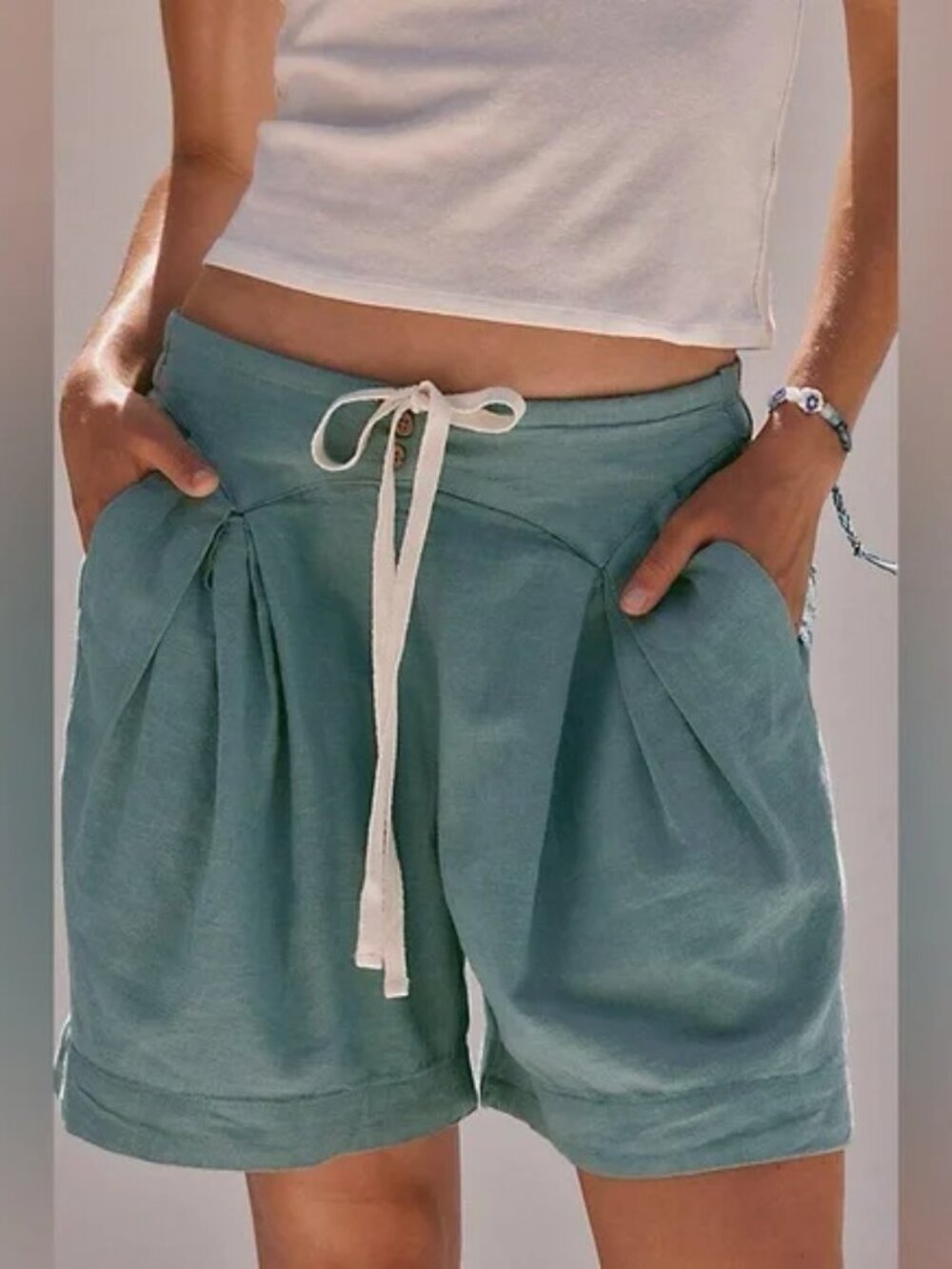 Free People Teal Drawstring Pleated Linen Shorts